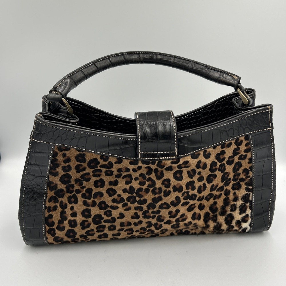 Vtg BRAHMIN Cheetah Print Calf Hair Black Italian Leather Croc Purse Bag 90's - Picture 2 of 14